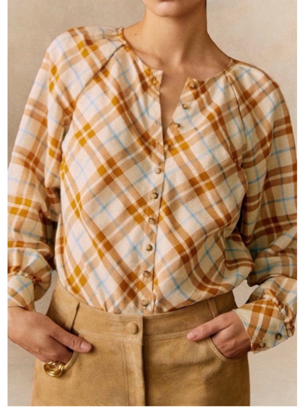 Sezane Amya Top 36 (4) Grungy Plaid Camel Sky Blue Linen Button Up Long Sleeve